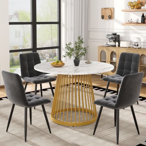 Ensemble Table Et Chaises, Table à Manger Ronde Avec Pieds Doré Et 4 Chaises En Velours Gris Foncé
