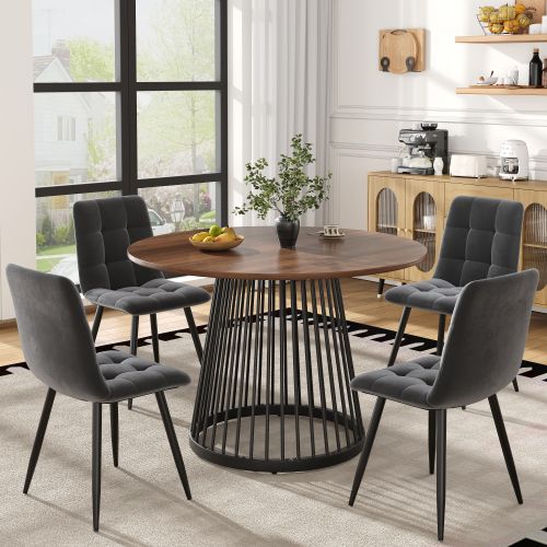 Ensemble Table Et Chaises, Table à Manger Ronde Avec Pieds Noir Et 4 Chaises En Velours Gris Foncé