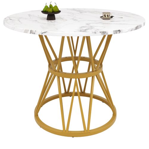 Table à Manger Ronde Moderne Avec Pieds Ronde En Métal, Plateau à Motifs De Marbre