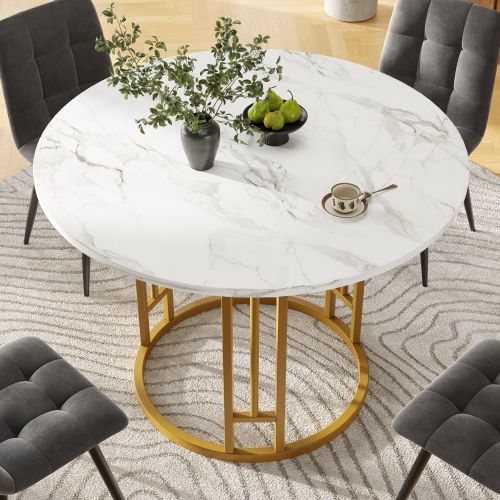 Table à Manger Ronde Avec Pieds En Métal Doré Et Plateau Blanche En Mdf