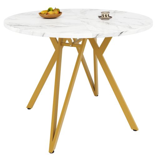Table à Manger Ronde Avec Pieds En Métal Doré Et Plateau En Mdf, Pour Salon