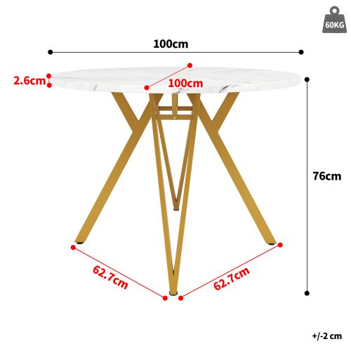 Table à Manger Ronde Avec Pieds En Métal Doré Et Plateau En Mdf, Pour Salon