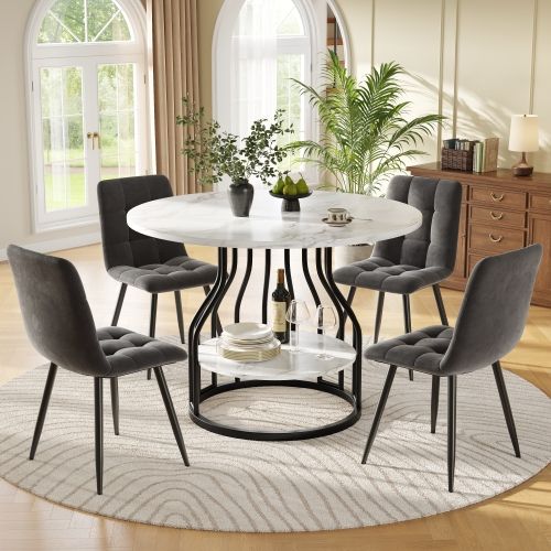 Ensemble Table Et Chaises, Table Ronde En Mdf, Pieds En Métal Noir Et 4 Chaises En Velours Gris