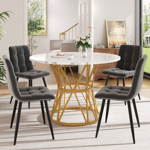 Ensemble Table Et Chaises, Table Ronde En Mdf Avec Pieds Doré Et 4 Chaises En Velours Gris