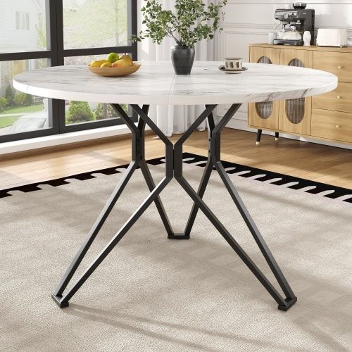 Ensemble Table Et Chaises, Table Ronde En Mdf Avec Pieds Noir Et 4 Chaises En Lin Gris