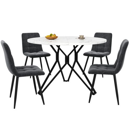 Ensemble Table Et Chaises, Table Ronde En Mdf Avec Pieds Noir Et 4 Chaises En Lin Gris