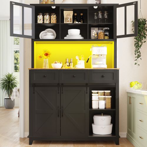 Buffet De Cuisine Noir, Buffet Haut Avec 3 Tiroirs, 4 Portes, LED, Casier à Vin, Rangement Ouvert