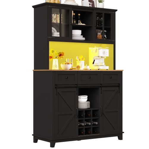 Buffet De Cuisine Noir, Buffet Haut Avec 3 Tiroirs, 4 Portes, LED, Casier à Vin, Rangement Ouvert