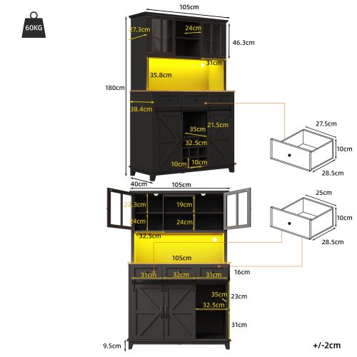 Buffet De Cuisine Noir, Buffet Haut Avec 3 Tiroirs, 4 Portes, LED, Casier à Vin, Rangement Ouvert