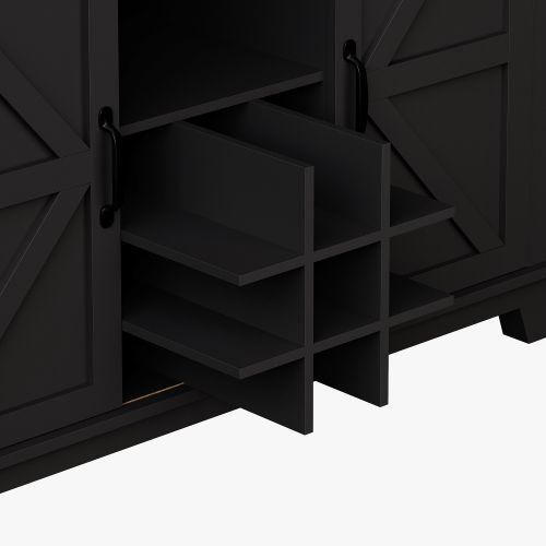 Buffet De Cuisine Noir, Buffet Haut Avec 3 Tiroirs, 4 Portes, LED, Casier à Vin, Rangement Ouvert