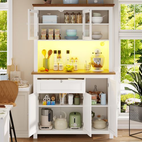 Buffet De Cuisine Blanc, Buffet Haut Avec 1 Tiroir, 5 Portes, Éclairage LED, Rangement Ouvert