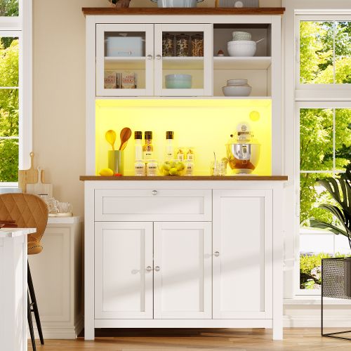 Buffet De Cuisine Blanc, Buffet Haut Avec 1 Tiroir, 5 Portes, Éclairage LED, Rangement Ouvert