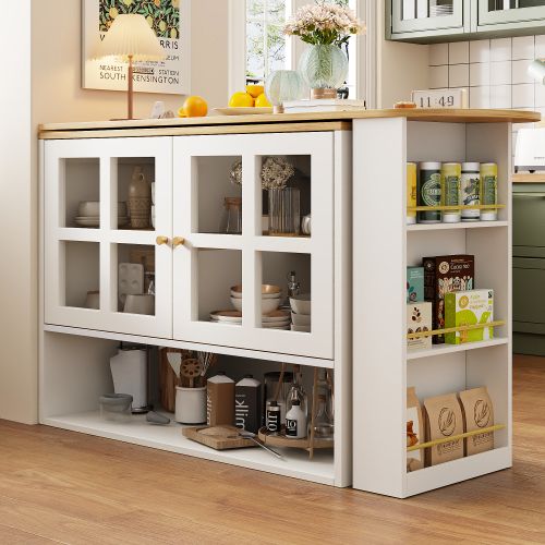 Table à Manger Rotatif à 360°, Table Avec Des Étagères Et 2 Portes, Blanc