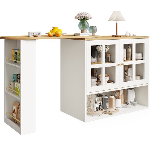 Table à Manger Rotatif à 360°, Table Avec Des Étagères Et 2 Portes, Blanc