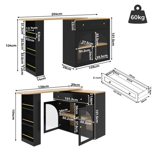 Table à Manger Rotative à 360 °, Table Avec Tiroir, 2 Portes En Verre Courbée Et 3 Étagères, Noir