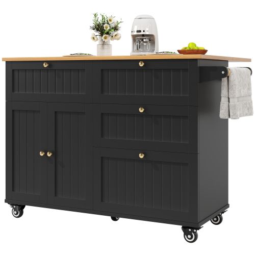 Desserte De Cuisine Extensible à 5 Roulettes Avec 3 Tiroirs, Panneau Grain De Bois, Noir