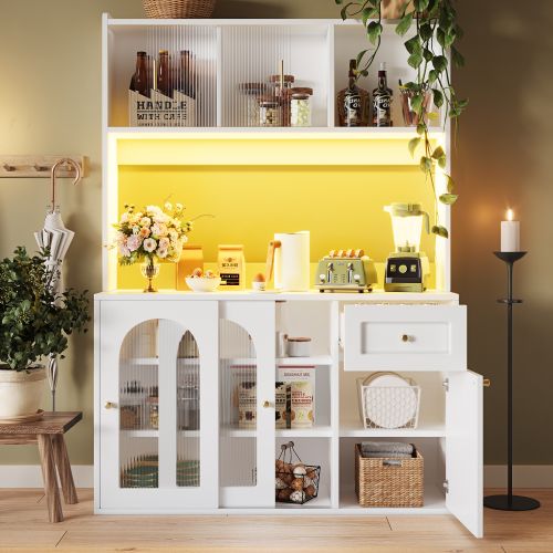 Buffet Haut Avec Tiroir, Des Étagères Réglables, Éclairage LED, Blanc