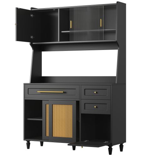 Buffet Haut Avec Des Étagères Réglables, 3 Tiroirs, Éclairage LED, Noir