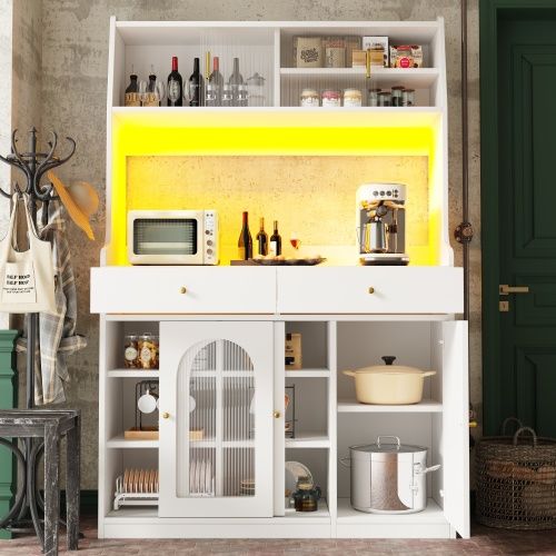 Buffet Haut Avec Étagères Réglables, 2 Tiroirs, Éclairage LED, Blanc