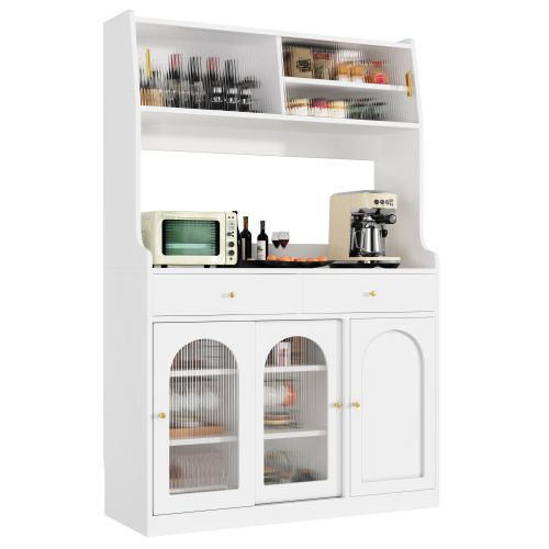Buffet Haut Avec Étagères Réglables, 2 Tiroirs, Éclairage LED, Blanc