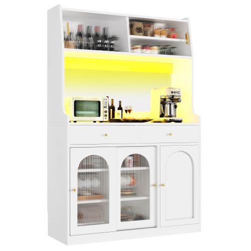 Buffet Haut Avec Étagères Réglables, 2 Tiroirs, Éclairage LED, Blanc