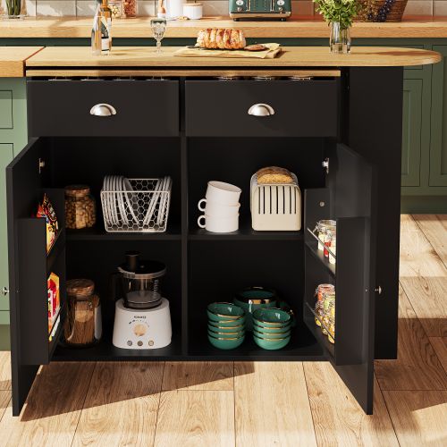 Table à Manger Rotative à 360° Avec 2 Tiroirs, 2 Portes, Étagères Latérales, Noir