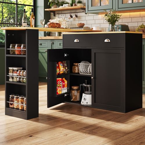 Table à Manger Rotative à 360° Avec 2 Tiroirs, 2 Portes, Étagères Latérales, Noir