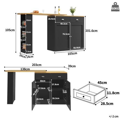 Table à Manger Rotative à 360° Avec 2 Tiroirs, 2 Portes, Étagères Latérales, Noir