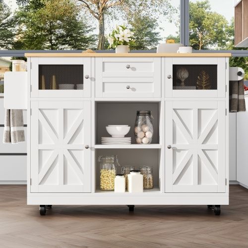 Desserte De Cuisine Extensible à 5 Roulettes Avec Tiroir, Porte-serviettes Latéral, 4 Portes, Blanc