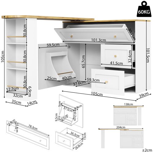 Table à Manger Rotative à 360 °, Table Avec Espace De Rangement, 2 Tiroirs, Étagère Latérale, Blanc