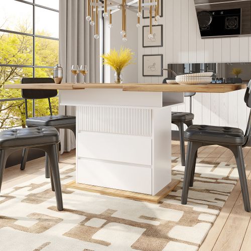 Table à Manger Extensible Rectangulaire Avec 2 Tiroirs, Casier, Couleur Bois Et Blanc