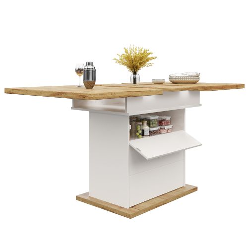 Table à Manger Extensible Rectangulaire Avec 2 Tiroirs, Casier, Couleur Bois Et Blanc