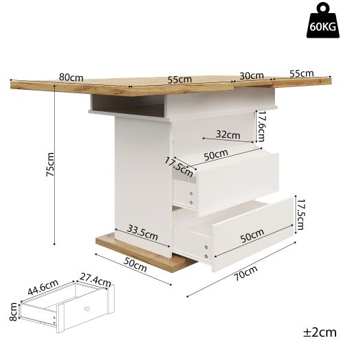 Table à Manger Extensible Rectangulaire Avec 2 Tiroirs, Casier, Couleur Bois Et Blanc