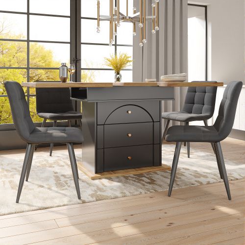 Table à Manger Extensible Rectangulaire Avec 2 Tiroirs, Poignées En Métal Doré, Noir Et Bois