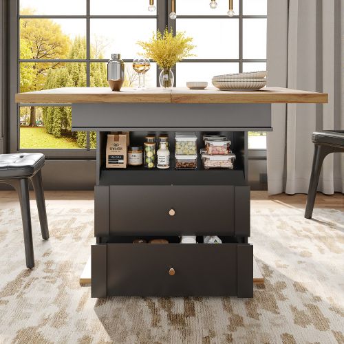 Table à Manger Extensible Rectangulaire Avec 2 Tiroirs, Poignées En Métal Doré, Noir Et Bois