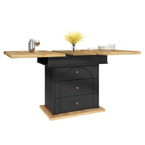 Table à Manger Extensible Rectangulaire Avec 2 Tiroirs, Poignées En Métal Doré, Noir Et Bois