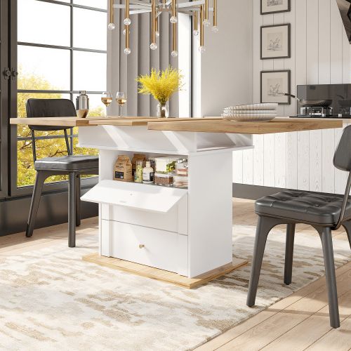 Table à Manger Extensible Rectangulaire Avec 2 Tiroirs, Poignées En Métal Doré, Blanc Et Bois