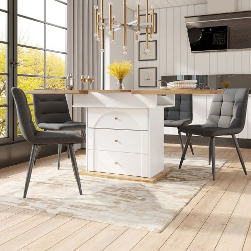 Table à Manger Extensible Rectangulaire Avec 2 Tiroirs, Poignées En Métal Doré, Blanc Et Bois