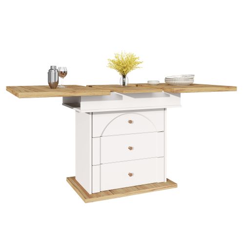 Table à Manger Extensible Rectangulaire Avec 2 Tiroirs, Poignées En Métal Doré, Blanc Et Bois