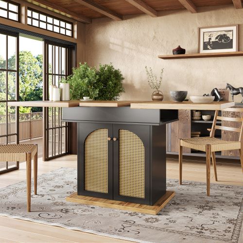 Table à Manger Extensible Avec 2 Portes D'armoire En Rotin Pe, Panneau En Grain De Bois, Noir