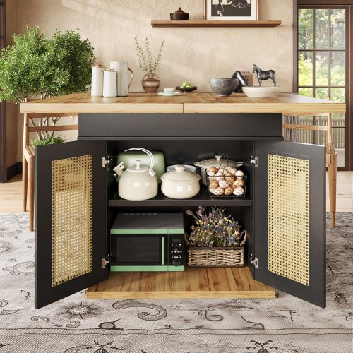 Table à Manger Extensible Avec 2 Portes D'armoire En Rotin Pe, Panneau En Grain De Bois, Noir