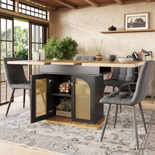 Table à Manger Extensible Avec 2 Portes D'armoire En Rotin Pe, Panneau En Grain De Bois, Noir