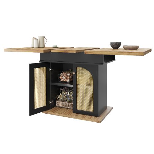 Table à Manger Extensible Avec 2 Portes D'armoire En Rotin Pe, Panneau En Grain De Bois, Noir