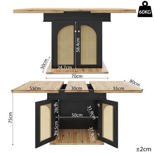 Table à Manger Extensible Avec 2 Portes D'armoire En Rotin Pe, Panneau En Grain De Bois, Noir
