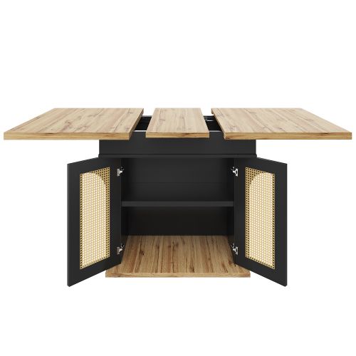 Table à Manger Extensible Avec 2 Portes D'armoire En Rotin Pe, Panneau En Grain De Bois, Noir