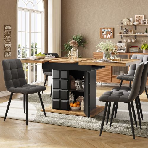Table à Manger Extensible Avec 2 Portes Avec Motifs à Carreaux, Panneau En Grain De Bois, Noir