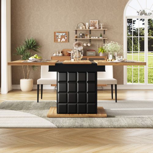 Table à Manger Extensible Avec 2 Portes Avec Motifs à Carreaux, Panneau En Grain De Bois, Noir