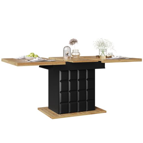 Table à Manger Extensible Avec 2 Portes Avec Motifs à Carreaux, Panneau En Grain De Bois, Noir