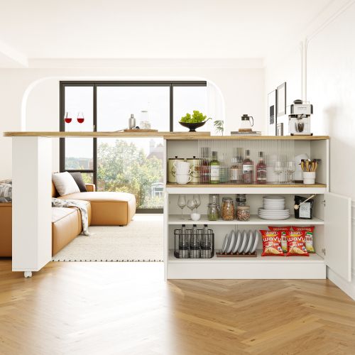 Table à Manger Rotative à 360° Avec Étagères Et 2 Portes Vitrées, Panneau En Grain De Bois, Blanc