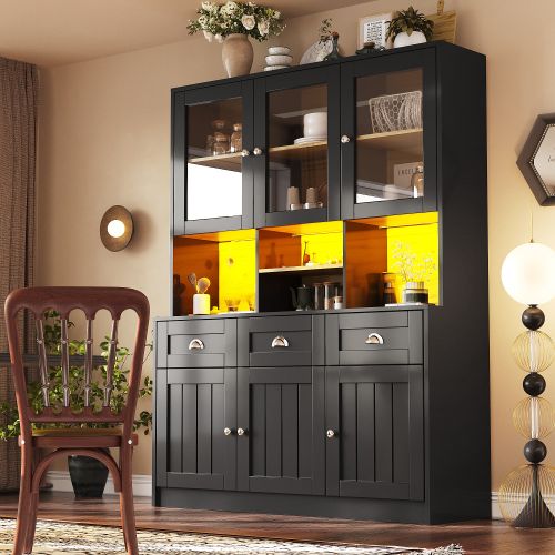Buffet Haut Avec 3 Tiroirs, Étagères Réglables, Éclairage LED, Noir